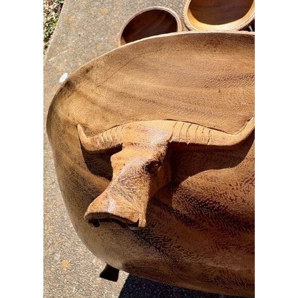 Vintage Monkey Pod Wood Salad Bowl Set Hand Carved Triple Feet Water Buffalo - Picture 5 of 10